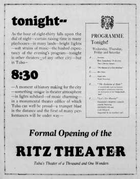 Opening Night Ad, as printed in the 11th May 1926 edition of <i>The Tulsa Tribune</i> (440KB PDF)