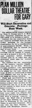 Report of initial construction of the theatre, as reported in the 15th November 1924 edition of <i>The Times</i> (Munster, Indiana) - 255KB PDF