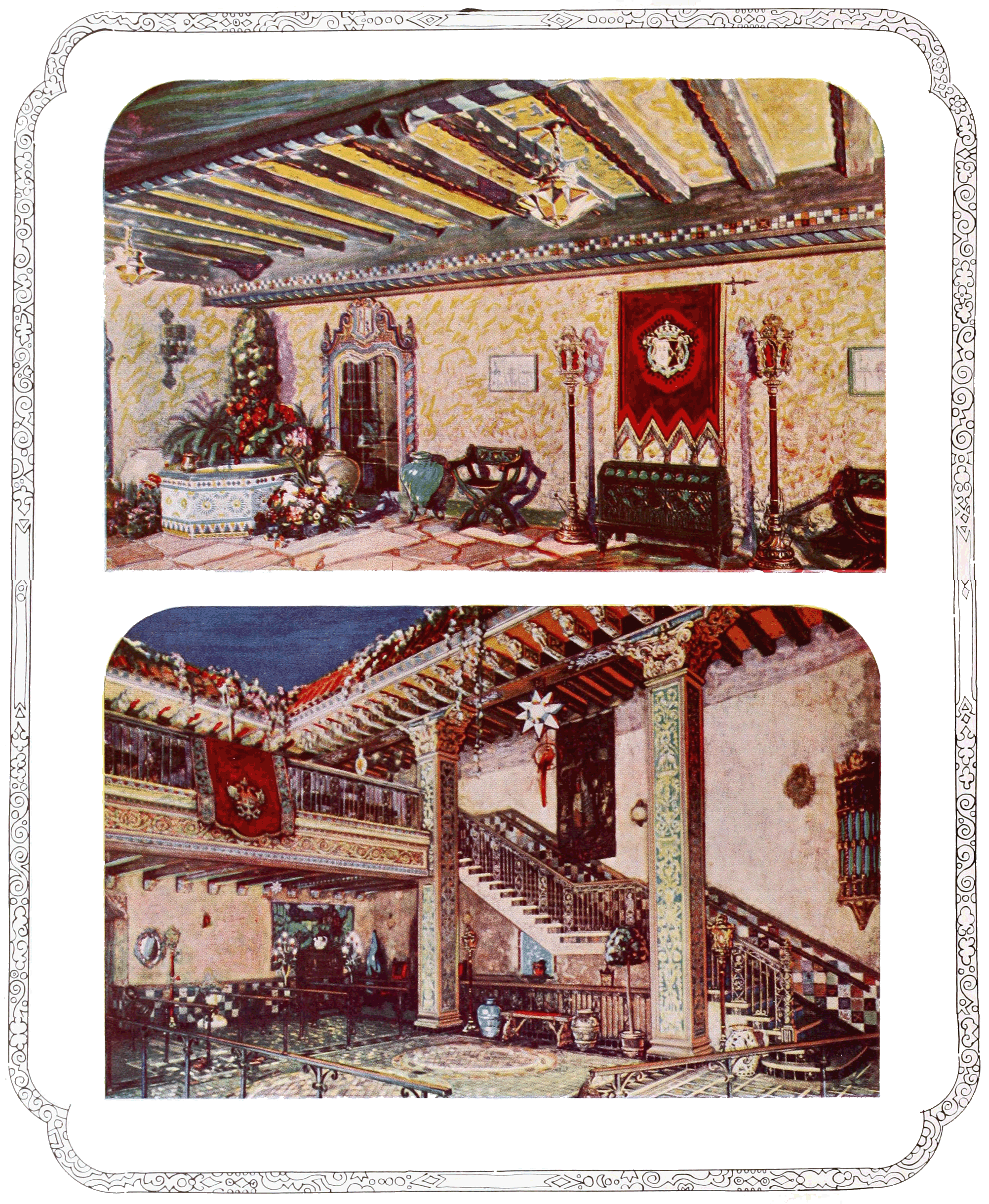 Rustic Spanish Courtyard (top); Two-story Atmosphere Lobby (bottom)