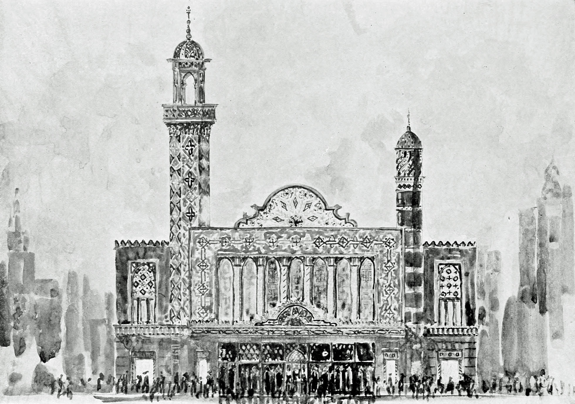 Oriental Minarets and Tile Work for an Elevation of a Modern Neighborhood Theatre