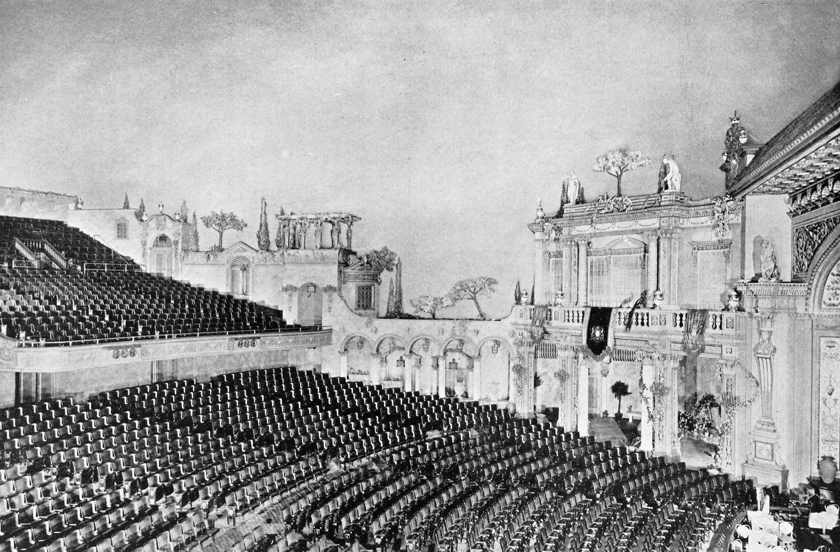 A study of the seating arrangement and side wall treatment of the Capitol Theatre, Chicago. Note the effect of an open air auditorium secured through ceiling treatment.