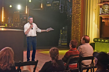 Mike speaking to an audience at the historic Globe Theatre in Los Angeles (photo courtesy Wendell Benedetti)