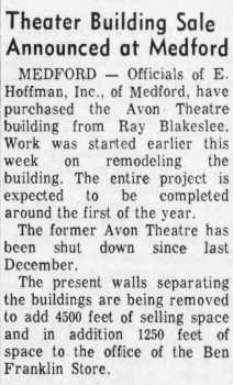 News of the theatre’s sale, as printed in the 29th September 1972 edition of the <i>Marshfield News Herald</i> (110KB PDF)