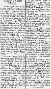 News of the opening of the theatre as printed in the 21st April 1938 edition of the <i>Greensboro Watchman</i> (480KB PDF)