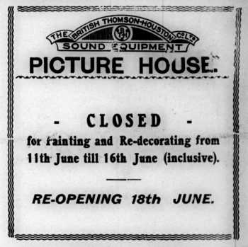 News of the cinema’s upcoming closure for redecorating, as printed in the 9th June 1934 edition of <i>The Campbeltown Courier</i> (640KB PDF)