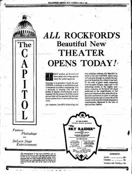 New of the theatre’s opening, as reported in the 4th February 1928 edition of <i>The Rockford Morning Star</i> (1.1MB PDF)