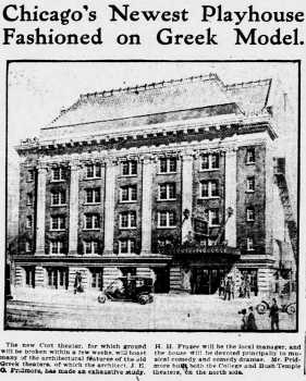 News of the new theatre’s architecture, as printed in the 2nd May 1909 edition of the <i>Chicago Tribune</i> (1.6MB PDF)