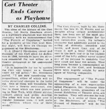 News of the theatre’s demise as a presenting house, as reported in the 3rd October 1934 edition of the <i>Chicago Tribune</i> (760KB PDF)