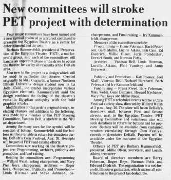 News of <i>Preservation of the Egyptian Theatre (PET)</i> forming, as printed in the 11th August 1978 edition of <i>The DeKalb Daily Chronicle</i> (420KB PDF)