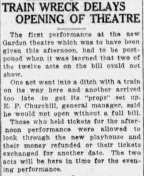 News of a delay on the theatre’s opening, as printed in the 19th August 1912 edition of <i>The Kansas City Post</i> (350KB PDF)