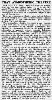 News of the theatre’s imminent opening, as printed in the 13th April 1929 edition of <i>The Vaudeville News and New York Star</i> (960KB PDF)