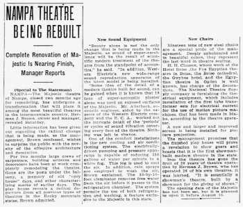 News of the theatre’s rebuilding, as printed in the 29th July 1934 edition of the <i>Idaho Daily Statesman</i> (500KB PDF)