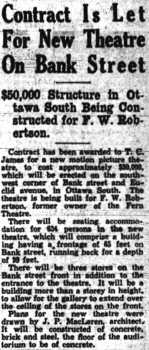 News of the contract being awarded for building the theatre, as printed in the 13th June 1932 edition of <i>The Ottawa Journal</i> (140KB PDF)