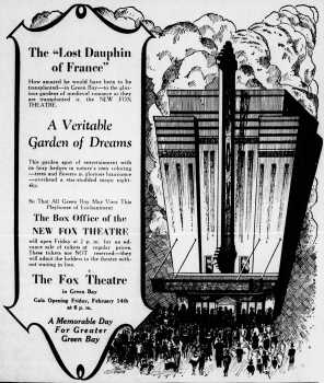 Pre-Opening Ad, as printed in the 11th Feb 1930 edition of the <i>Green Bay Press-Gazette</i> (540KB PDF)