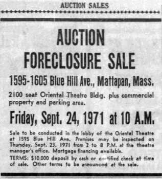 News of the foreclosure sale of the theatre, as announced in the 22nd September 1971 edition of <i>The Boston Globe</i> (220KB PDF)