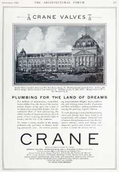<i>Crane Valves Co.</i> ad featuring the exterior of the theatre, not exactly as built, as printed in the December 1926 edition of <i>The Architectural Forum</i> (510KB PDF)