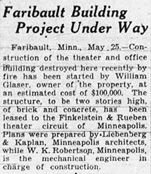 News of construction on the theatre progressing, as printed in the 26 May 1929 edition of <i>The Minneapolis Journal</i> (33KB PDF)