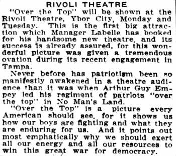 News of the first big attraction at the new theatre, as printed in the 15th September 1918 edition of <i>The Tampa Tribune</i> (270KB PDF)