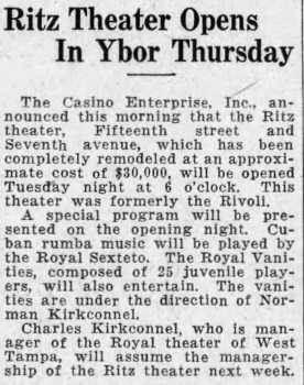 News of the theatre’s imminent reopening as the <i>Ritz Theater</i>, as printed in the 30th January 1932 edition of <i>The Tampa Times</i> (225KB PDF)