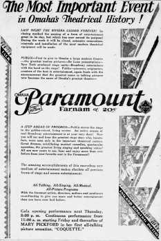 News of the theatre reopening as the Paramount Theatre, as printed in the 3rd May 1929 edition of the <i>Omaha World Herald</i> (1.5MB PDF)