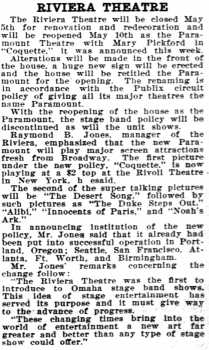News of the theatre reopening as the Paramount Theatre, as printed in the 3rd May 1929 edition of <i>Our Sunday Visitor</i> (350KB PDF)