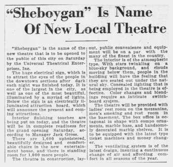 News of the theatre’s name released a few days before its opening, as printed in the 14th February 1928 edition of <i>The Sheboygan Press</i> (420KB PDF)