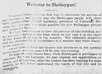 Commentary on the theatre’s opening, as printed in the 18th February 1928 edition of <i>The Sheboygan Press</i> (55KB PDF)