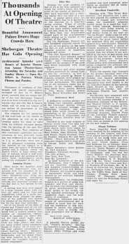 Review of the theatre’s opening, as printed in the 20th February 1928 edition of <i>The Sheboygan Press</i> (470KB PDF)