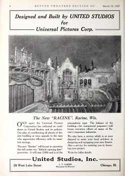 Ad showing a rendering of the planned auditorium from the 19th March 1927 edition of <i>Exhibitors Herald</i>, courtesy <i>Museum of Modern Art Library</i> in New York (420KB PDF)