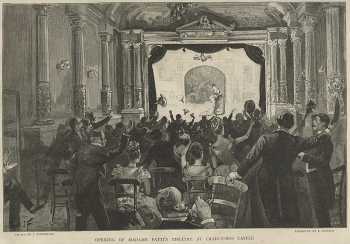 The triumphant opening performance in 1891, drawn by J. Finnemore, engraved by E. Herzog, and published in the 22nd August 1891 edition of the <i>Black & White</i> magazine, courtesy <i>Brecknock Museum & Art Gallery</i> (JPG)