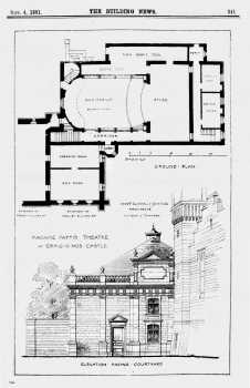 Plan of the theatre and adjoining rooms, and sketch of the exterior theatre building looking north, as printed in the 4th September 1891 edition of <i>The Building News</i>, copyright <i>The British Library Board</i>, all rights reserved (JPG)