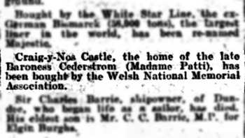 News of the acquisition of the castle and grounds by the Welsh National Memorial Association, as printed in the 5th March 1921 edition of the <i>Merthyr Express</i> (130KB PDF)