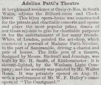 News of the Patti Theatre opening, as printed  in the 20th September 1890 edition of <i>The Penny Illustrated Paper</i>, courtesy <i>British Newspaper Archive</i> (300KB PDF)