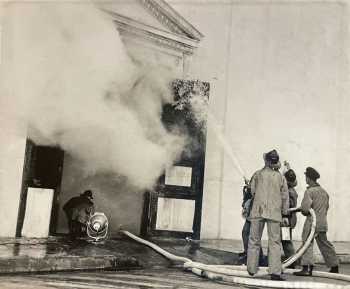 Firefighters hose backstage fire from Maryland Avenue on August 23, 1948. Photo courtesy of Special Collections Room, Glendale Central Library (JPG)