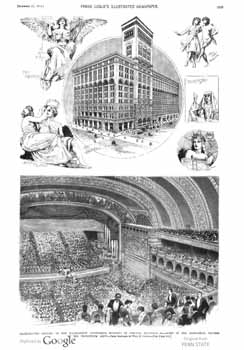 Full-page picture feature followed by half-page writeup on the new Auditorium Theatre as featured in the 21st December 1889 edition of <i>Frank Leslie’s Illustrated Newspaper</i>, held by Pennsylvania State University and digitized by Google (2.5MB PDF)