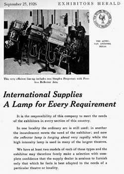 Simplex advertisement featuring the Aztec Theatre projection booth, from the 25th September 1926 edition of <i>Exhibitors Herald</i>, held by the Museum of Modern Art Library in New York and scanned online by the Internet Archive (400KB PDF)