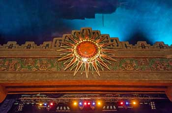 Aztec Theatre, San Antonio: Proscenium Closeup, featuring panels copied from the Temple of the Plumed Serpent at Xochicalco