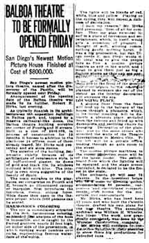 Preview of the opening of the theatre, as printed in the 21st March 1924 edition of the <i>San Diego Union</i> (480KB PDF)
