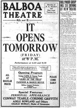Advert for the opening night of the theatre, with a column on the Hollywood representatives who will be attending, as printed in the 27th March 1924 edition of the <i>San Diego Union</i> (1.7MB PDF)