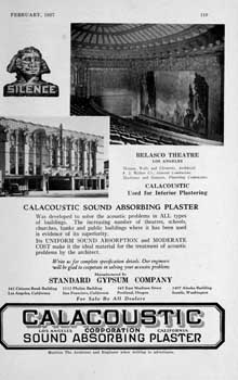 Advertisement for Calacoustic sound absorbing plaster from the February 1927 edition of <i>Architect and Engineer</i> (320KB PDF)