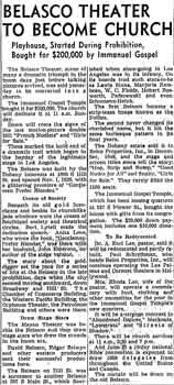 News of the theatre’s imminent transformation into a church, as reported in the 7th June 1950 edition of the <i>Los Angeles Times</i> (100KB PDF)