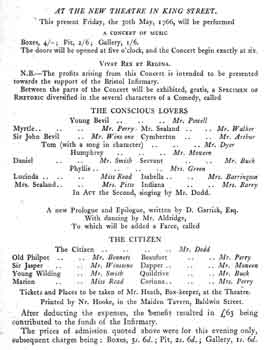 Programme for the theatre’s opening night on 30th May 1766 (260KB PDF)