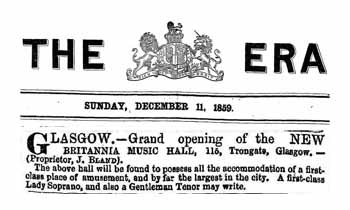 Announcement of the opening of the Britannia Music Hall as printed in <i>The ERA</i> of 11th December 1859, courtesy British Newspaper Archive (90KB PDF)