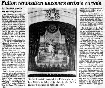News of the theatre’s fire curtain being rediscovered during the theatre’s initial renovation, as printed in the 31st October 1990 edition of <i>The Pittsburgh Press</i> (975KB PDF)