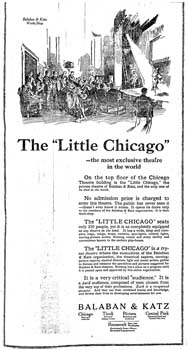 Details of the rehearsal/preview theatre built on top of the theatre’s roof, dubbed the “Little Chicago”, as printed in the 19th September 1922 edition of the <i>Chicago Daily Tribune</i> (285KB PDF)