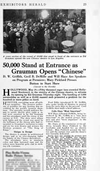 News feature of the opening night at Grauman’s Chinese from the 28th May 1927 edition of <i>Exhibitors Herald</i> (700KB PDF)