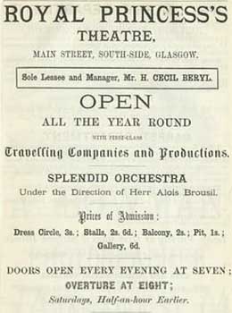 Playbill for the Royal Princess’s Theatre in the late 1800s