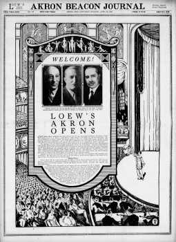 Nine page report on all aspects of the theatre on its opening day, as printed in the 20th April 1929 edition of the <i>Akron Beacon Journal</i> (82.MB PDF)