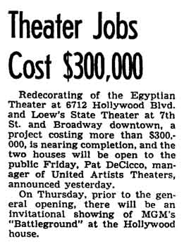 News of progress on the theatre’s redecoration as printed in the 27th November 1949 edition of the <i>Los Angeles Times</i> (225KB PDF)