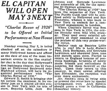 Report of the upcoming opening of the theatre, as printed in the 11th April 1926 edition of the <i>Los Angeles Times</i> (430KB PDF)